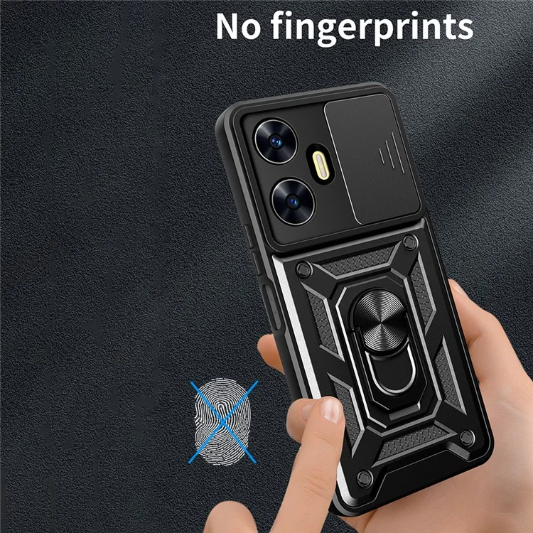 For Realme C55 4G Kickstand Phone Case Slide Camera Protection PC+TPU Car Mount Phone Cover - Black