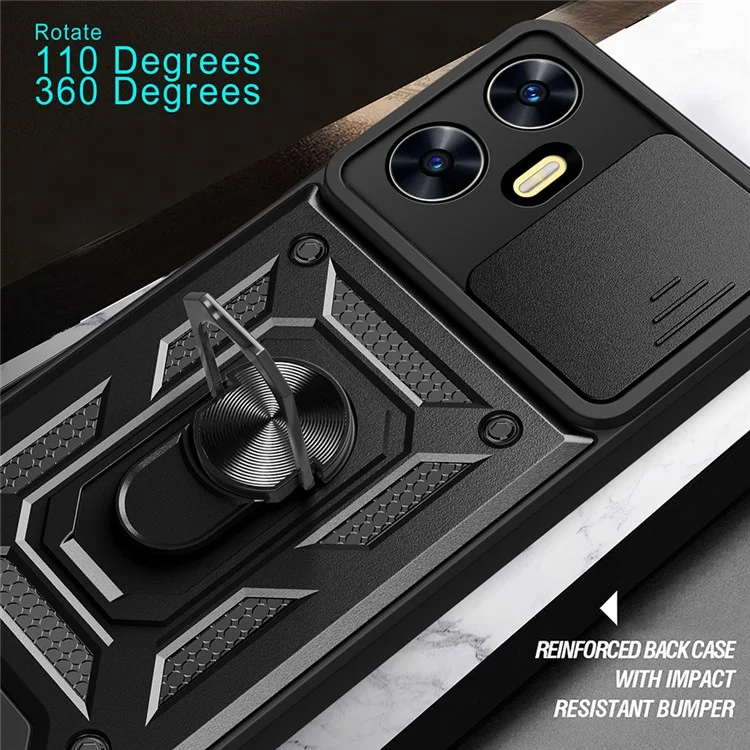 For Realme C55 4G Kickstand Phone Case Slide Camera Protection PC+TPU Car Mount Phone Cover - Black