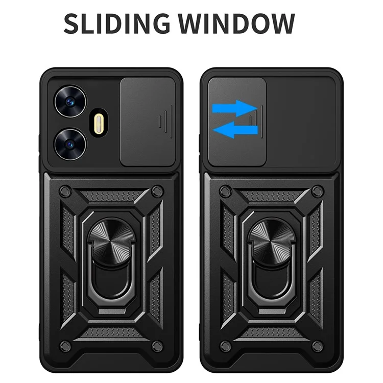 For Realme C55 4G Kickstand Phone Case Slide Camera Protection PC+TPU Car Mount Phone Cover - Black