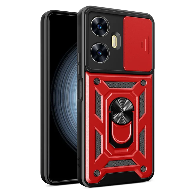 Funda con soporte plegable para teléfono Realme C55 4G, protección deslizante para cámara, carcasa magnética para coche PC+TPU - Rojo