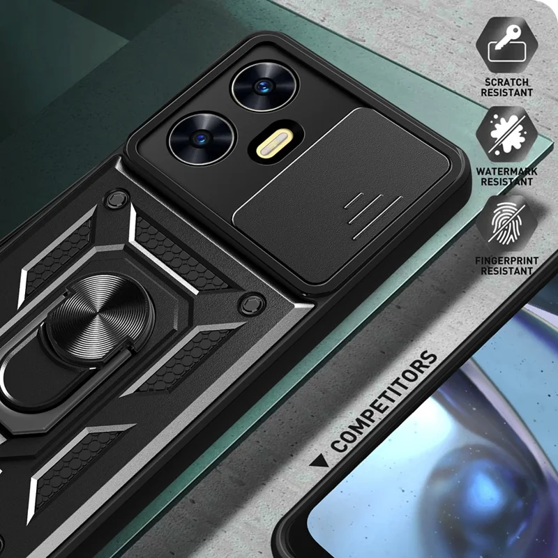 Funda con soporte plegable para teléfono Realme C55 4G, protección deslizante para cámara, carcasa magnética para coche PC+TPU - Rojo