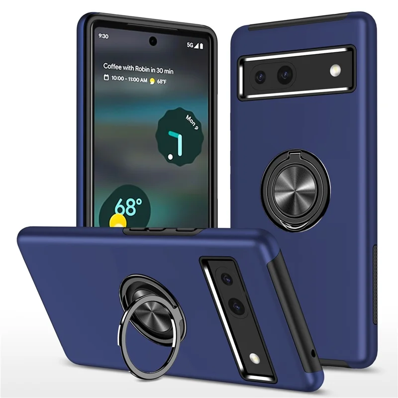 Per Google Pixel 7a Rotary Ring Kickstand Phone Case PC+TPU Anti-Drop Back Cover - Blu