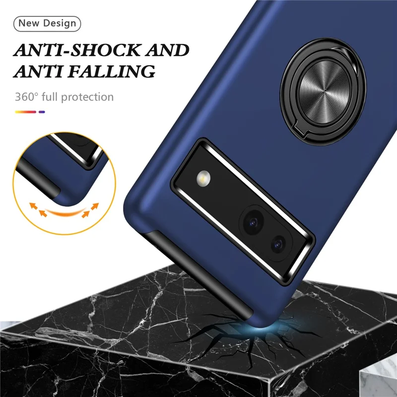Per Google Pixel 7a Rotary Ring Kickstand Phone Case PC+TPU Anti-Drop Back Cover - Blu