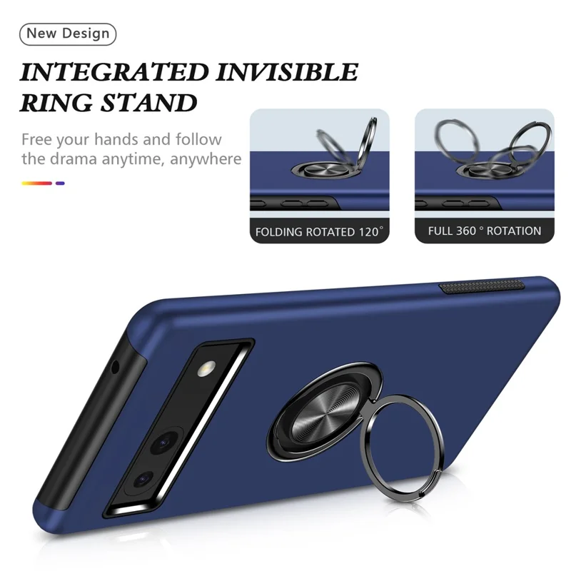 Per Google Pixel 7a Rotary Ring Kickstand Phone Case PC+TPU Anti-Drop Back Cover - Blu
