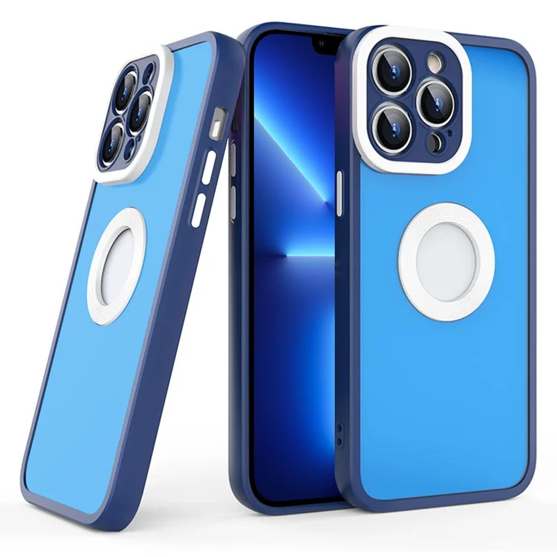 Skin-Touch Shockproof Case for iPhone 13 Pro Max 6.7 inch Soft TPU PC Phone Shell (Round Hollow Show Phone's Logo) - Blue