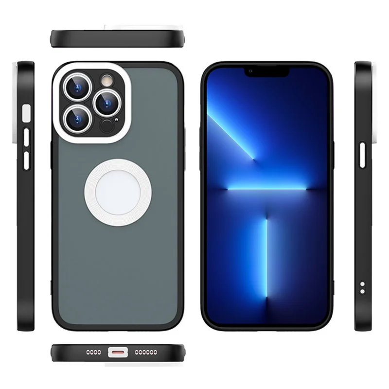 Skin-Touch Shockproof Case for iPhone 13 Pro Max 6.7 inch Soft TPU PC Phone Shell (Round Hollow Show Phone's Logo) - Blue