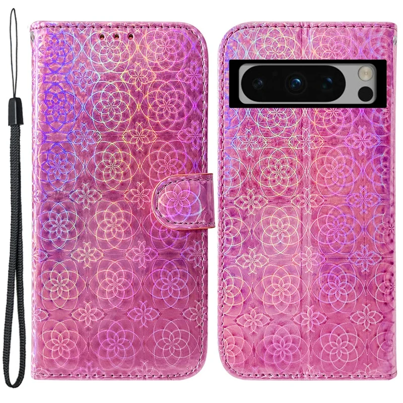For Google Pixel 8 Pro Dazzling Flower Pattern Phone Case Flip Stand PU Leather Wallet Shockproof Shell - Pink