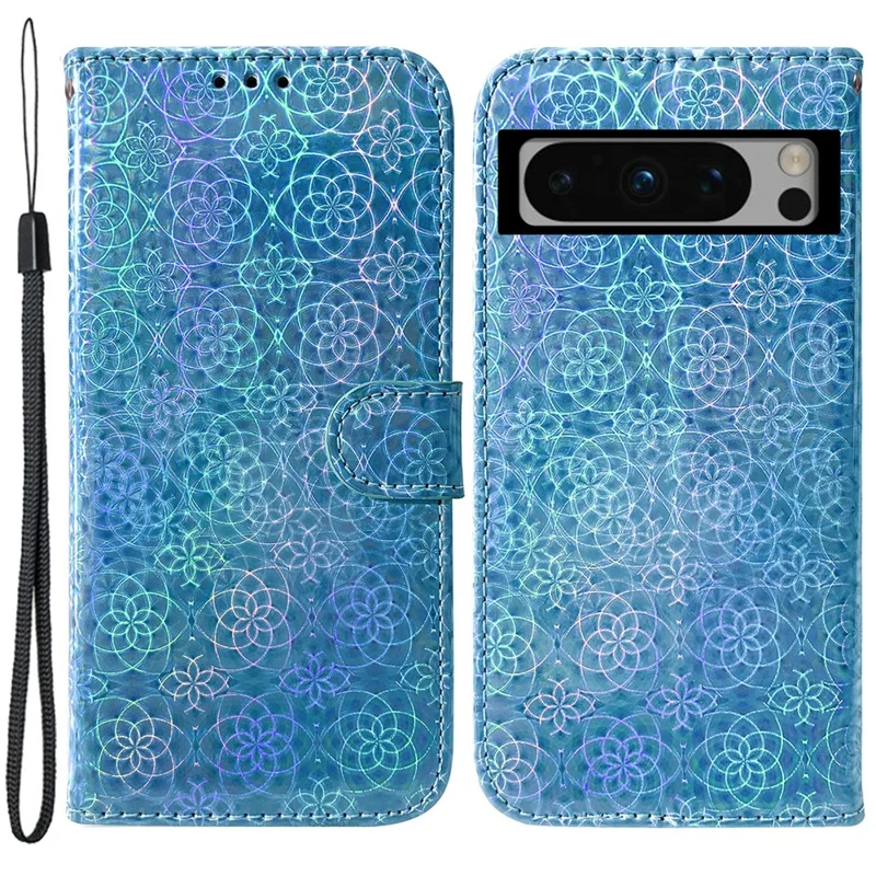 For Google Pixel 8 Pro Dazzling Flower Pattern Phone Case Flip Stand PU Leather Wallet Shockproof Shell - Blue