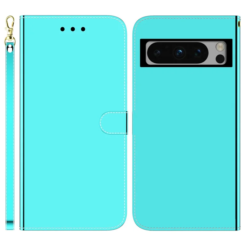 For Google Pixel 8 Pro Flip Stand Phone Case PU Leather Mirror-Like Surface Wallet Cover with Strap - Cyan
