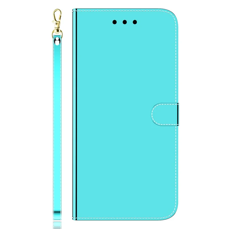 For Google Pixel 8 Pro Flip Stand Phone Case PU Leather Mirror-Like Surface Wallet Cover with Strap - Cyan