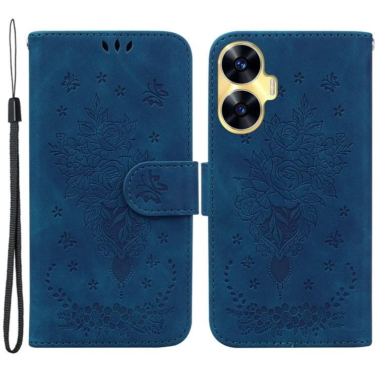 Pour Realme C55 Imprinted Rose Butterfly Phone Case Leather Wallet Smartphone Stand Cover - Bleu