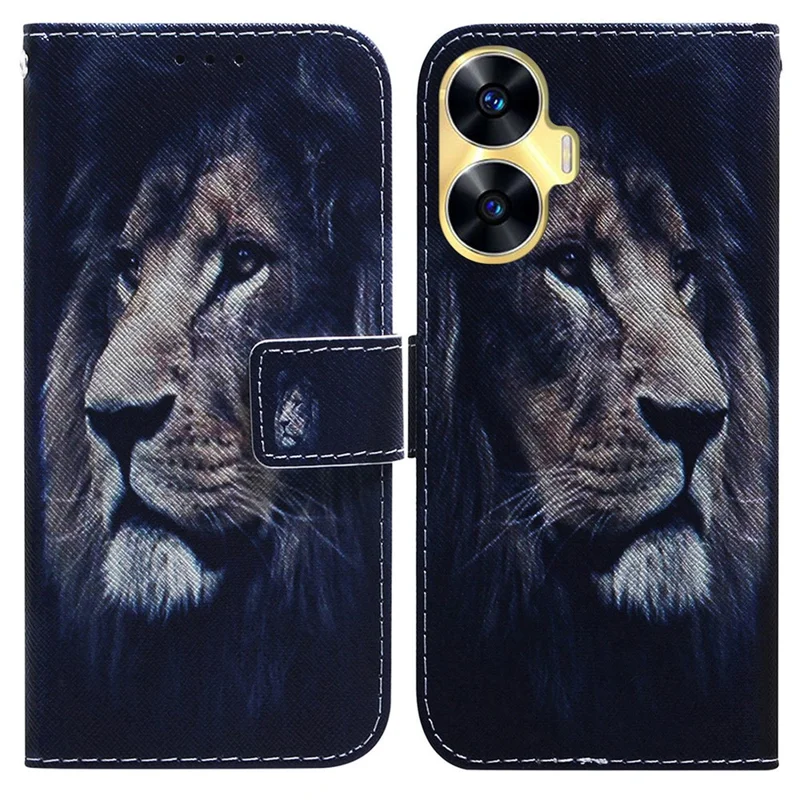 Anti-Drop Phone Case Cover for Realme C55 Pattern Printing PU Leather Wallet Stand Shell - Lion