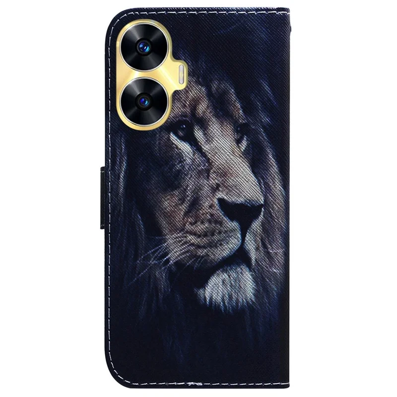 Anti-Drop Phone Case Cover for Realme C55 Pattern Printing PU Leather Wallet Stand Shell - Lion