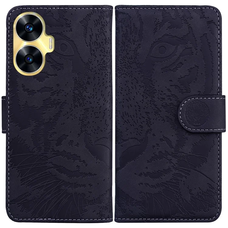 Wallet Stand Shell für Realme C55 Tiger Imprinted PU Leder Case Anti-fall Handyhülle - Schwarz