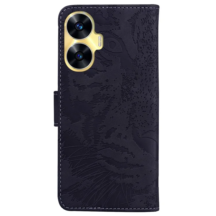 Wallet Stand Shell für Realme C55 Tiger Imprinted PU Leder Case Anti-fall Handyhülle - Schwarz