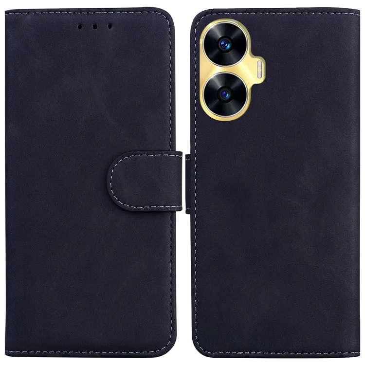Для Realme C55 Solid Color PU Leather Phone Case Shockproof Wallet Stand Cell Phone Cover - Black