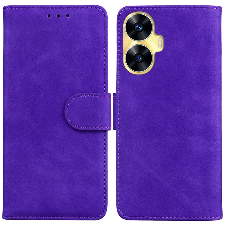 For Realme C55 Solid Color PU Leather Phone Case Shockproof Wallet Stand Cell Phone Cover - Purple
