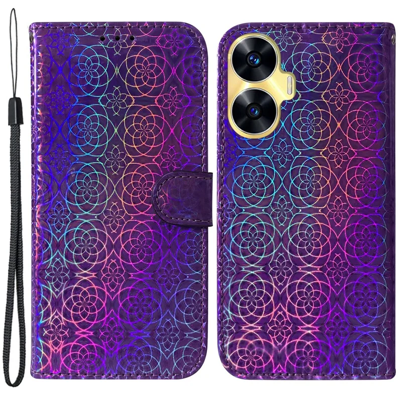 For Realme C55 Flip Stand Phone Shell PU Leather Wallet Phone Case Dazzling Flower Pattern Cover - Purple