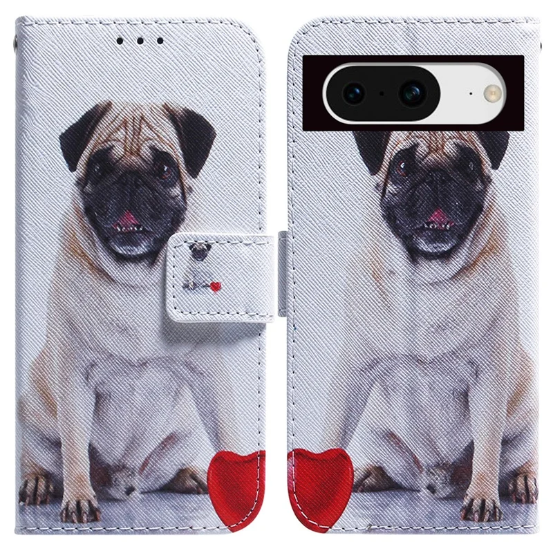 Anti-Drop Cover for Google Pixel 8 Pattern Printing Phone Case PU Leather Wallet Stand Shell - Pug