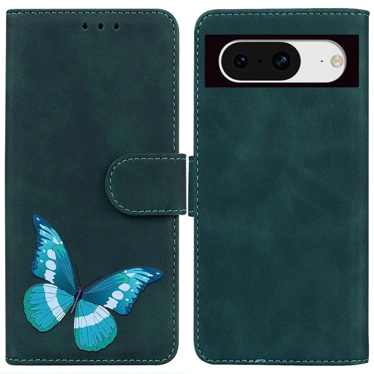 Skin-touch Flip Cover für Google Pixel 8 Schmetterling-Druck stoßfeste Geldbörse PU-Leder Ständer Handyhülle - Grün