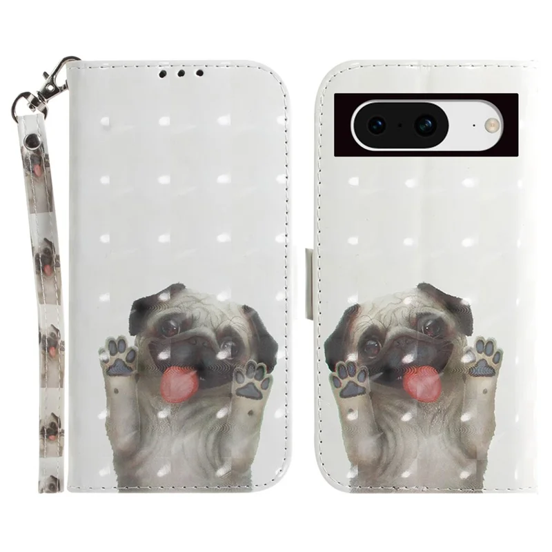 Pattern Printing Stand Case for Google Pixel 8 Anti-collision PU Leather Wallet Phone Cover with Strap - Pug