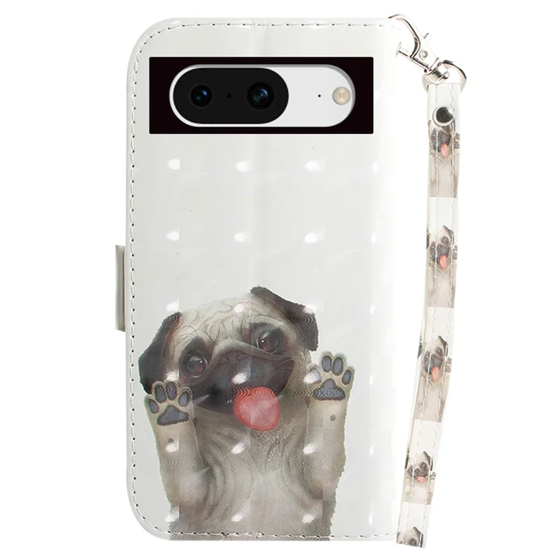 Pattern Printing Stand Case for Google Pixel 8 Anti-collision PU Leather Wallet Phone Cover with Strap - Pug