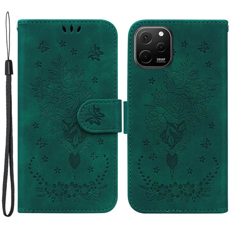 Pour Huawei nova Y61 4G / Enjoy 50z 4G Portefeuille Support Téléphone Étui Motif Rose Papillon Coque Téléphone en Cuir - Vert