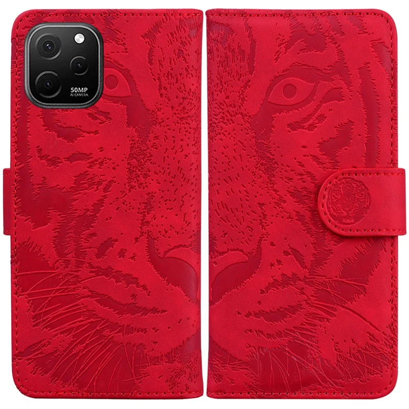 Brieftaschenständer-Hülle für Huawei nova Y61 4G / Enjoy 50z 4G Handyhülle - Tiger geprägtes PU-Leder-Etui - Rot