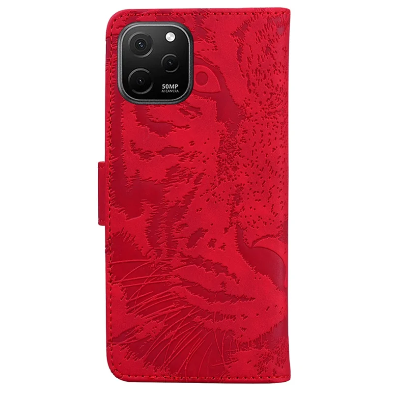 Brieftaschenständer-Hülle für Huawei nova Y61 4G / Enjoy 50z 4G Handyhülle - Tiger geprägtes PU-Leder-Etui - Rot