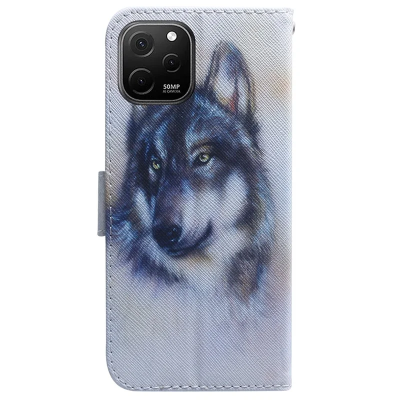 Anti-Drop Cover for Huawei nova Y61 4G / Enjoy 50z 4G PU Leather Pattern Printing Phone Case Wallet Stand Shell - Wolf