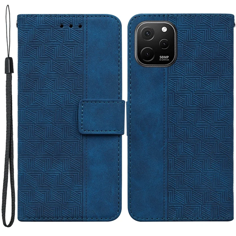 Phone Leather Shell for Huawei nova Y61 4G / Enjoy 50z 4G Wallet Case Geometry Pattern Imprinted Stand Cover - Blue