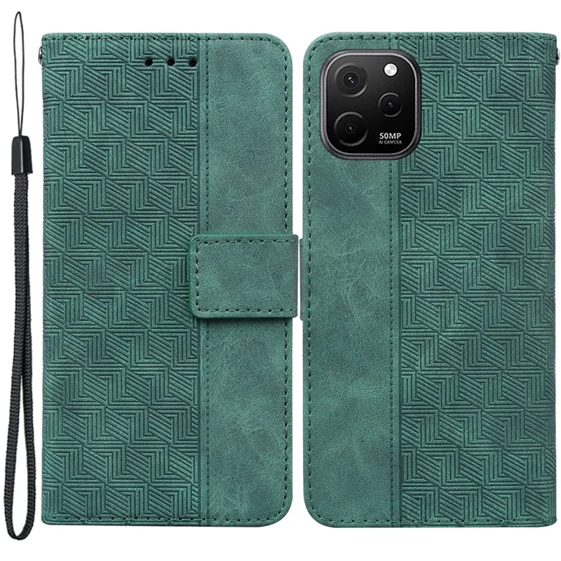 Telefon-Lederschale für Huawei nova Y61 4G / Enjoy 50z 4G Wallet Case Geometriemuster geprägt Ständer-Abdeckung - Grün