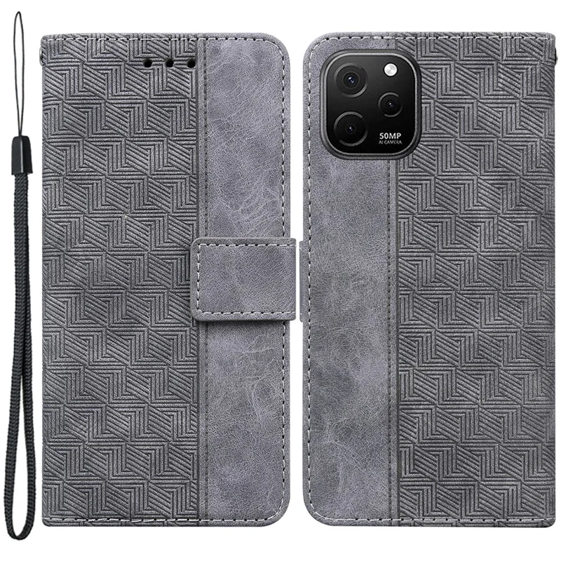 Phone Leather Shell for Huawei nova Y61 4G / Enjoy 50z 4G Wallet Case Geometry Pattern Imprinted Stand Cover - Grey
