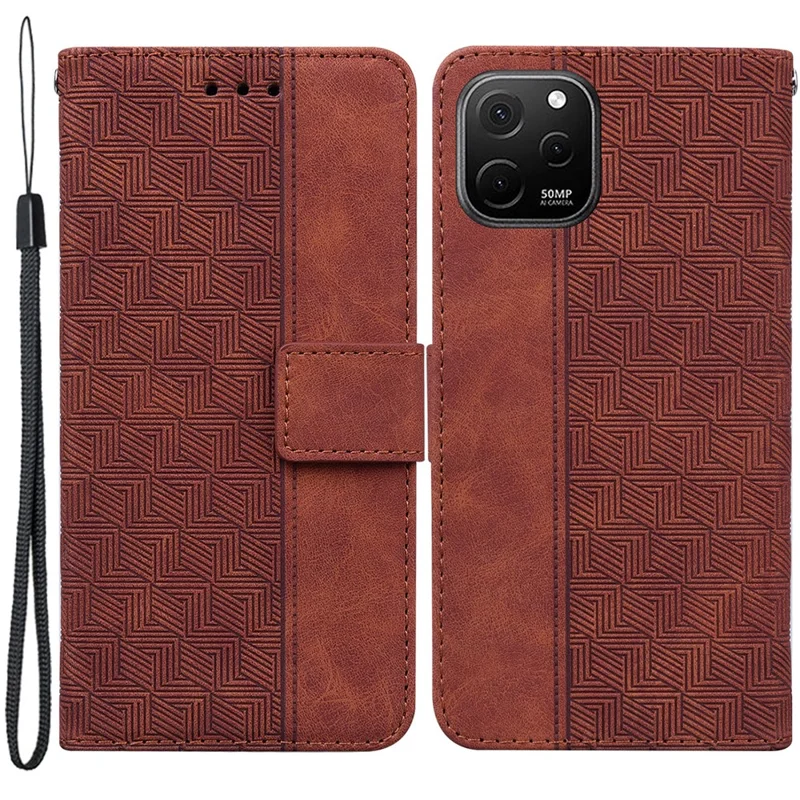 Phone Leather Shell for Huawei nova Y61 4G / Enjoy 50z 4G Wallet Case Geometry Pattern Imprinted Stand Cover - Brown