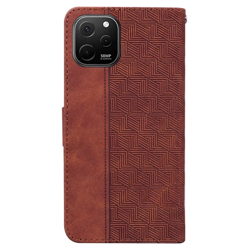 Phone Leather Shell for Huawei nova Y61 4G / Enjoy 50z 4G Wallet Case Geometry Pattern Imprinted Stand Cover - Brown