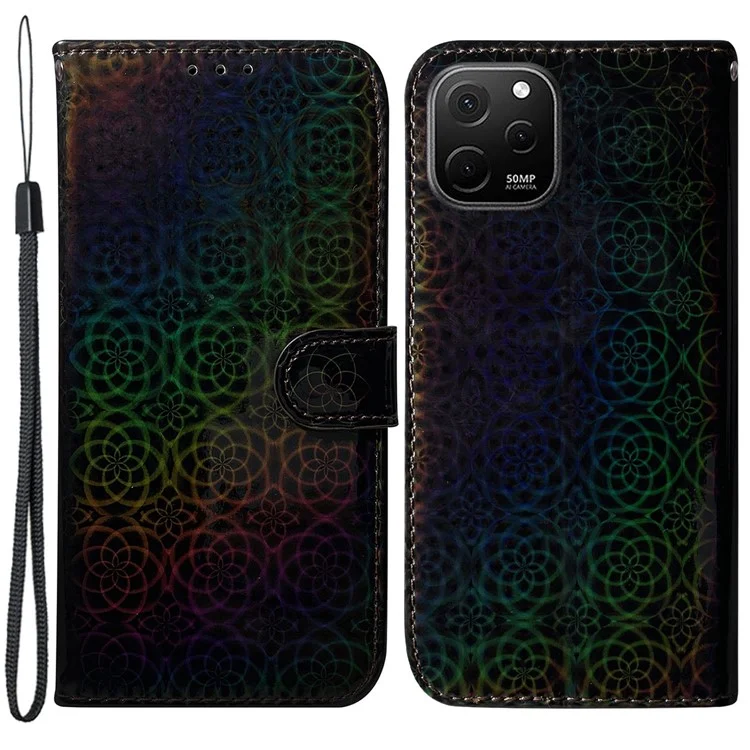 For Huawei nova Y61 4G / Enjoy 50z 4G Dazzling Flower Pattern Stand Phone Case PU Leather Phone Wallet Cover - Black