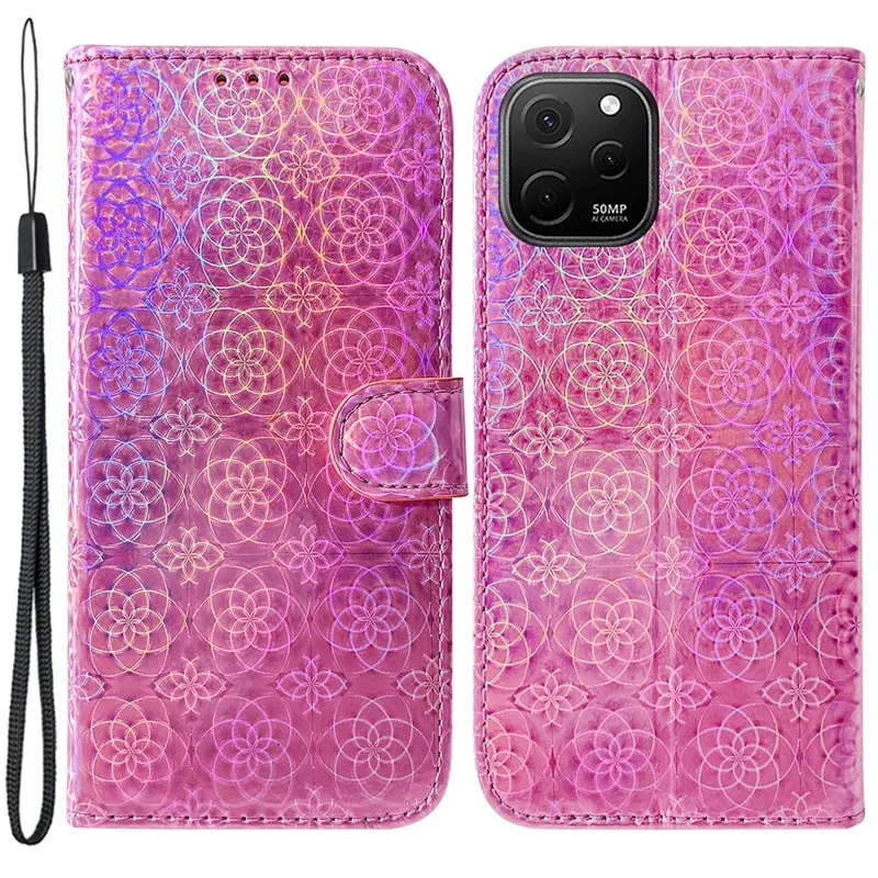 Pour Huawei nova Y61 4G / Enjoy 50z 4G Étui de téléphone à motif floral scintillant avec support - Rose
