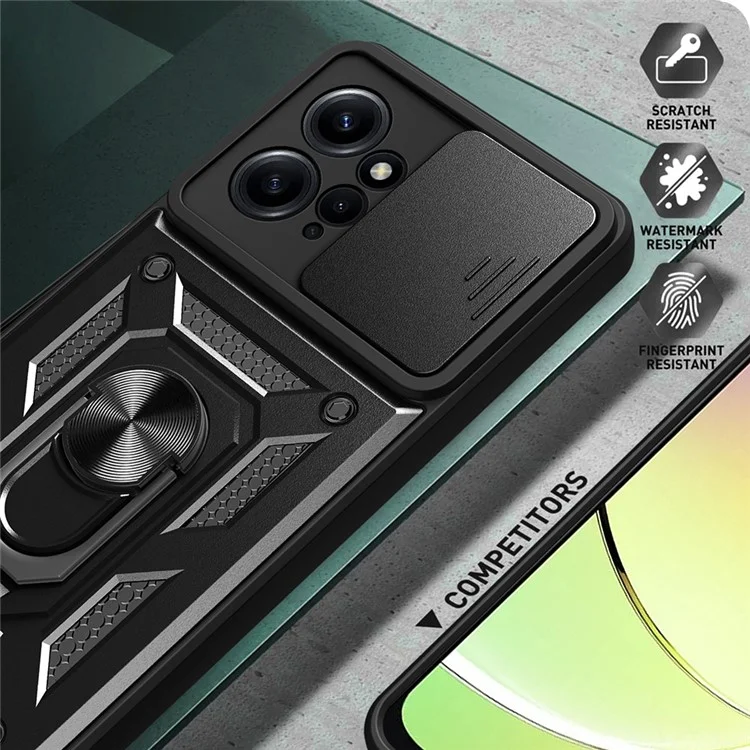 Pour Xiaomi Redmi Note 12 4G Étui pour téléphone avec support Slide Lens Protection PC+TPU - Noir