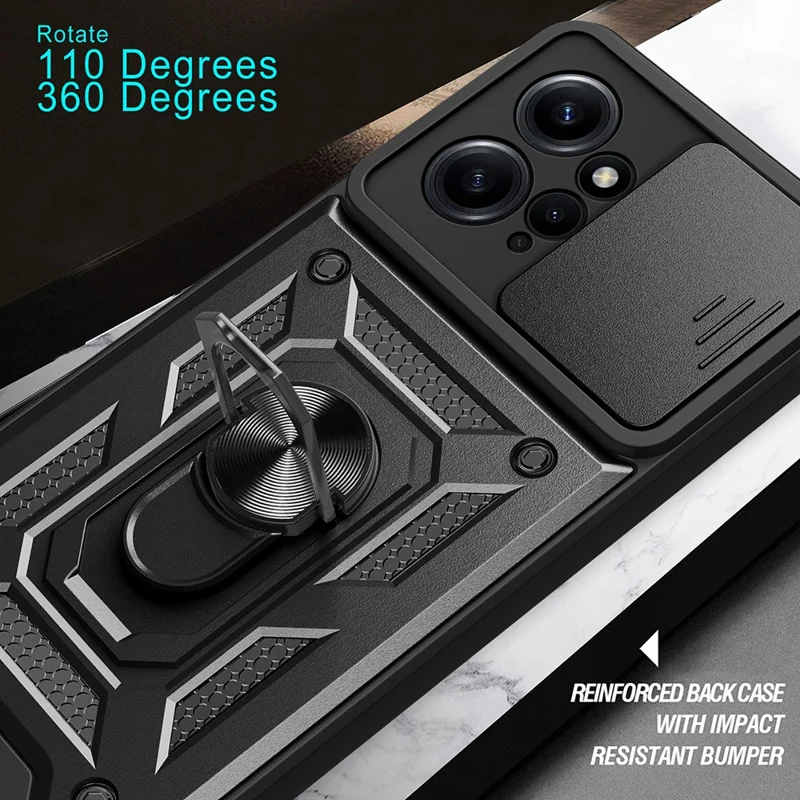 Pour Xiaomi Redmi Note 12 4G Étui pour téléphone avec support Slide Lens Protection PC+TPU - Noir