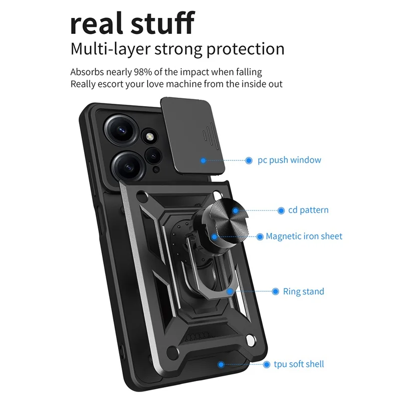 For Xiaomi Redmi Note 12 4G Kickstand Phone Case Slide Lens Protection PC+TPU Cover - Black