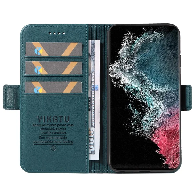 YIKATU YK-003 PU Leather Phone Shell for Samsung Galaxy S22 Ultra 5G Wallet Phone Case Stand Magnetic Cover - Green
