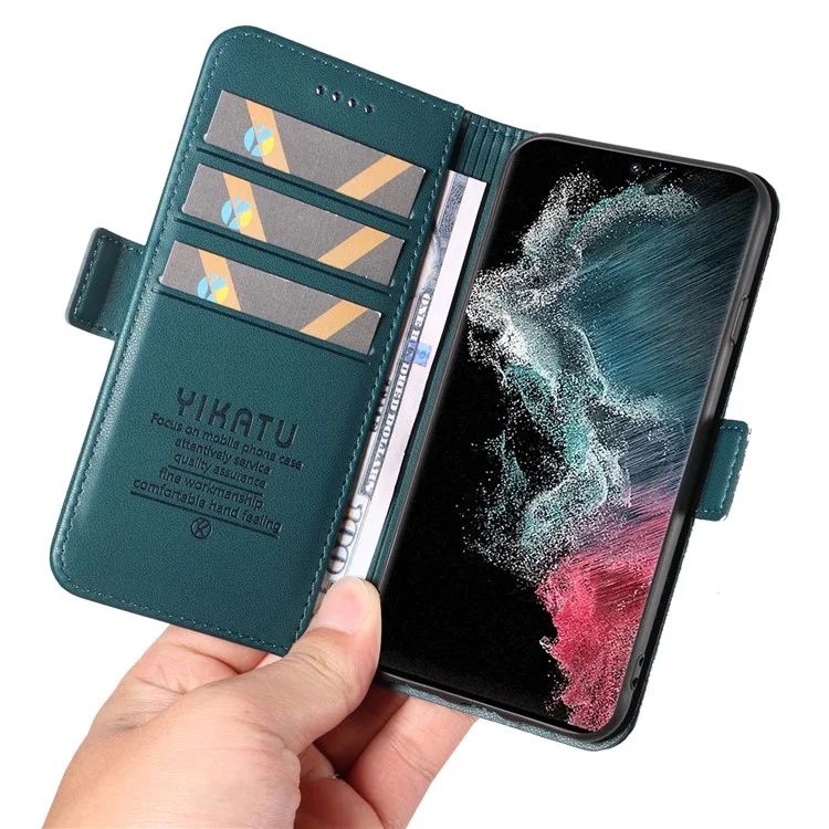 YIKATU YK-003 PU Leather Phone Shell for Samsung Galaxy S22 Ultra 5G Wallet Phone Case Stand Magnetic Cover - Green