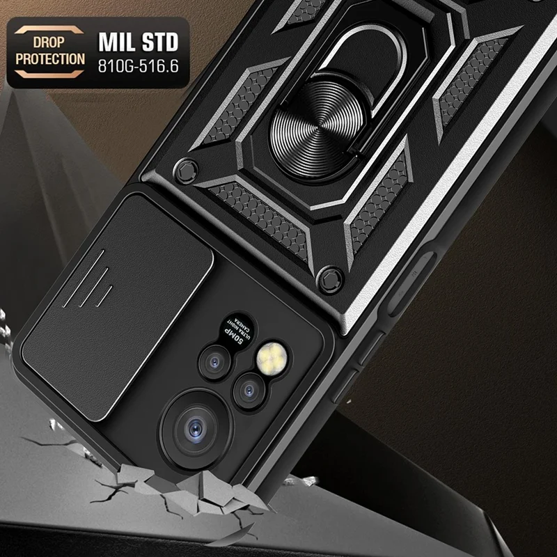 For Infinix Hot 11s PC+TPU Phone Case Slide Camera Lens Protection Kickstand Cover - Black