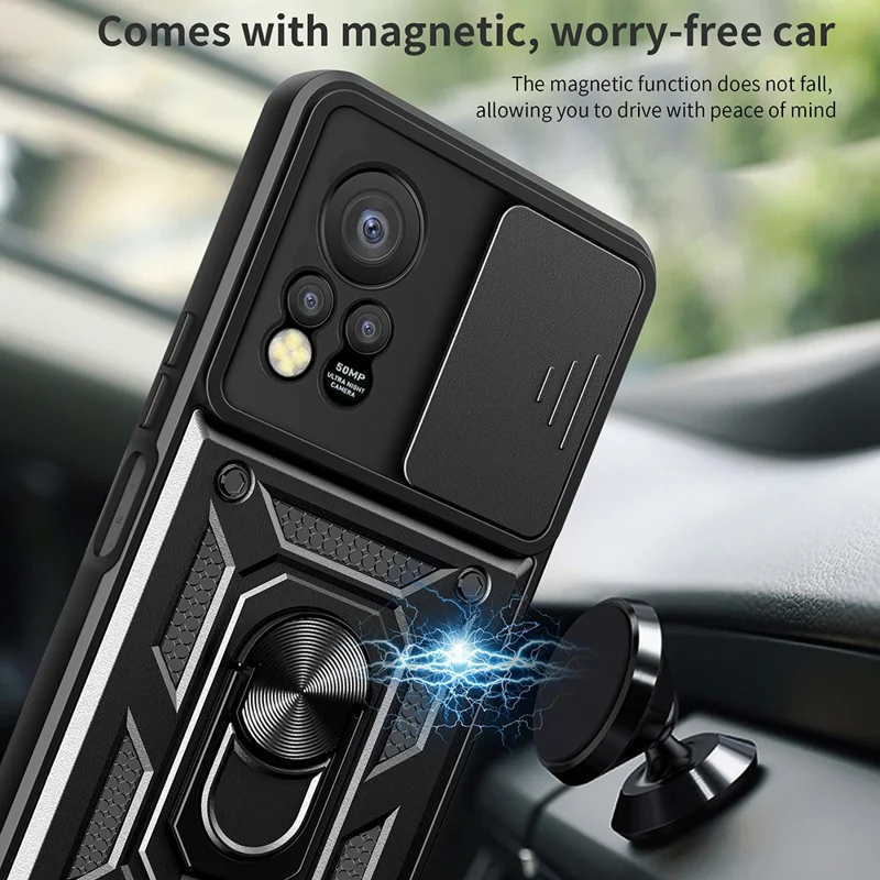 For Infinix Hot 11s PC+TPU Phone Case Slide Camera Lens Protection Kickstand Cover - Black