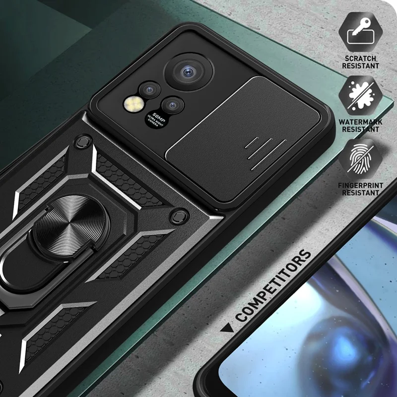 For Infinix Hot 11s PC+TPU Phone Case Slide Camera Lens Protection Kickstand Cover - Black