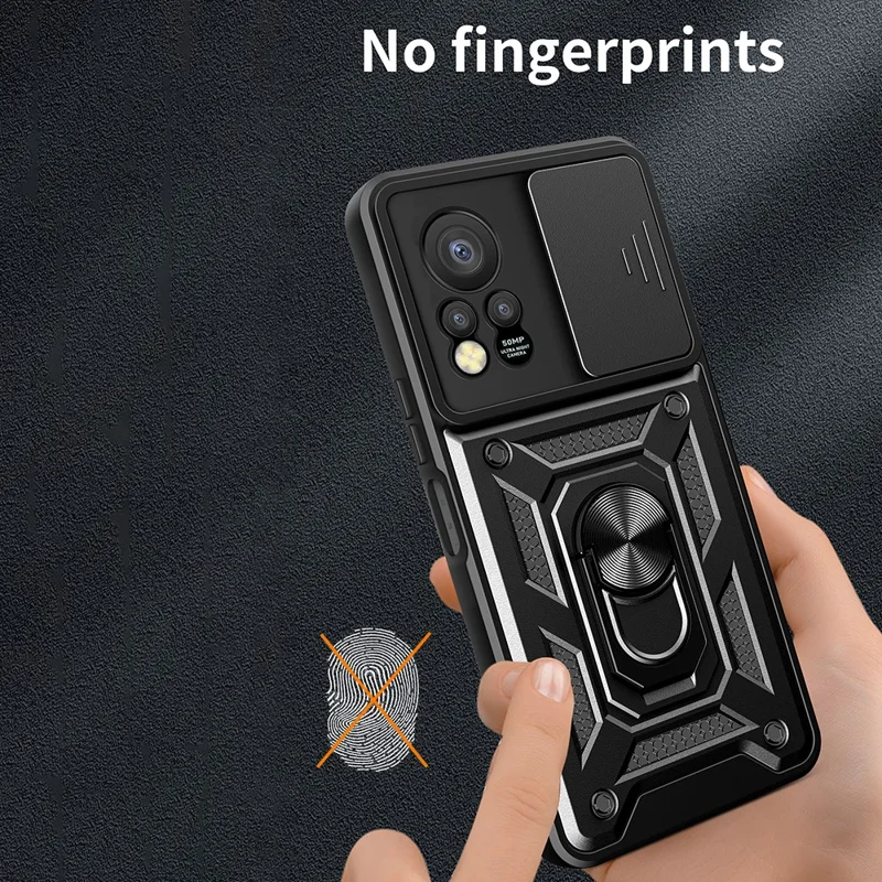 For Infinix Hot 11s PC+TPU Phone Case Slide Camera Lens Protection Kickstand Cover - Black