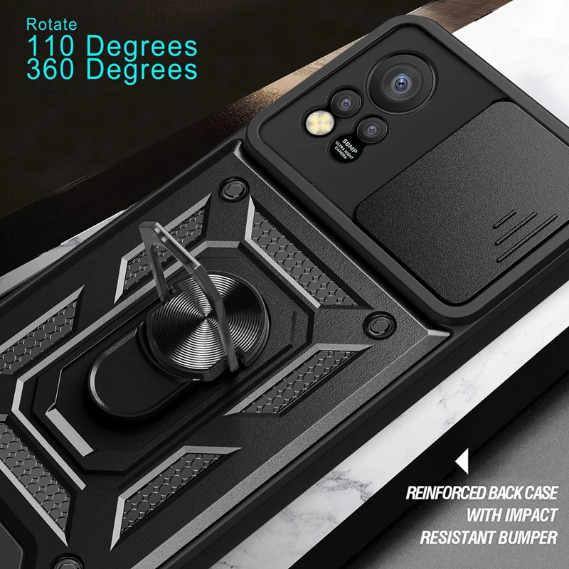 For Infinix Hot 11s PC+TPU Phone Case Slide Camera Lens Protection Kickstand Cover - Black