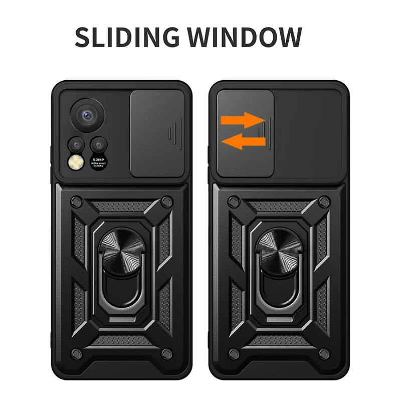 For Infinix Hot 11s PC+TPU Phone Case Slide Camera Lens Protection Kickstand Cover - Black