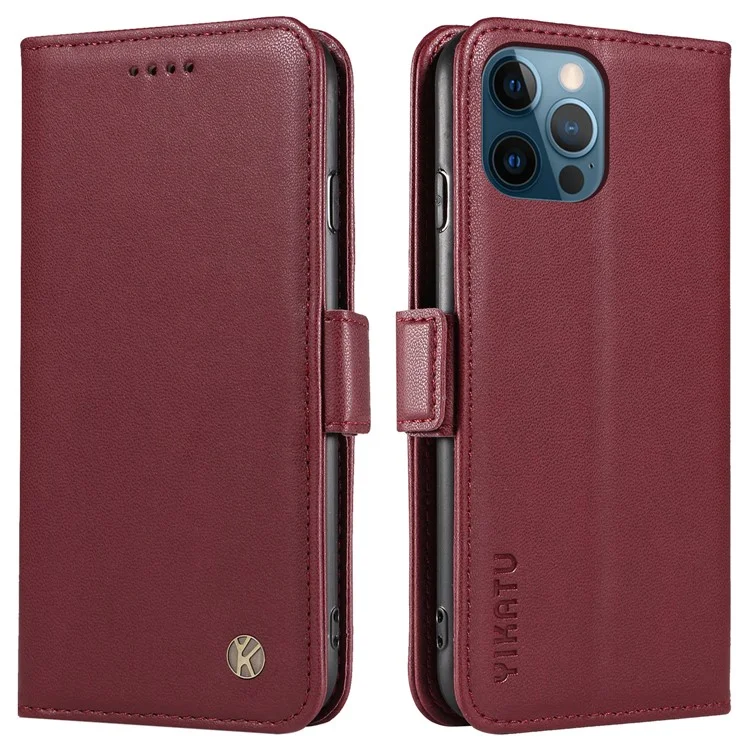 YIKATU YK-003 Phone Shell for iPhone 12 Pro Max 6.7 inch Wallet Phone Case Leather Flip Cover - Wine Red