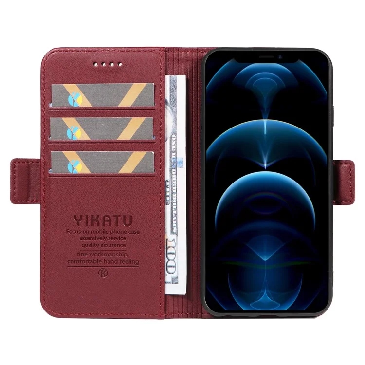YIKATU YK-003 Phone Shell for iPhone 12 Pro Max 6.7 inch Wallet Phone Case Leather Flip Cover - Wine Red